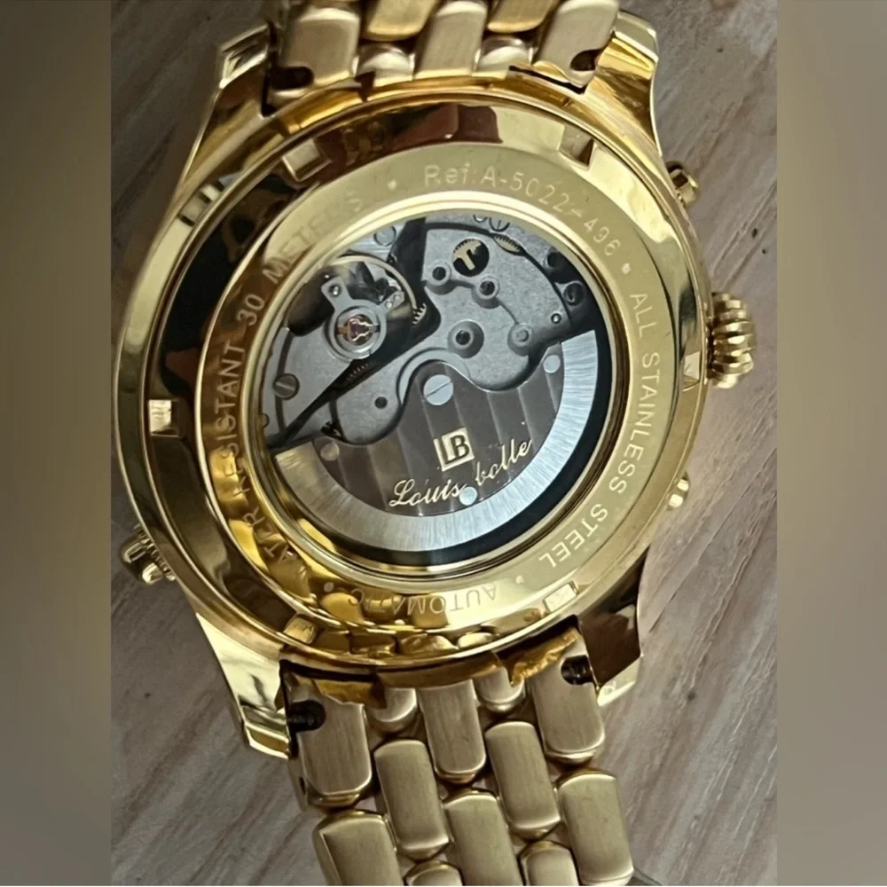 Louis Bolle Men's Automatic Chronograph Style Blue Dial Gold-Tone Weave Bracelet